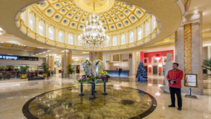 The palatial lobby of Espinas Palace Hotel in Tehran.