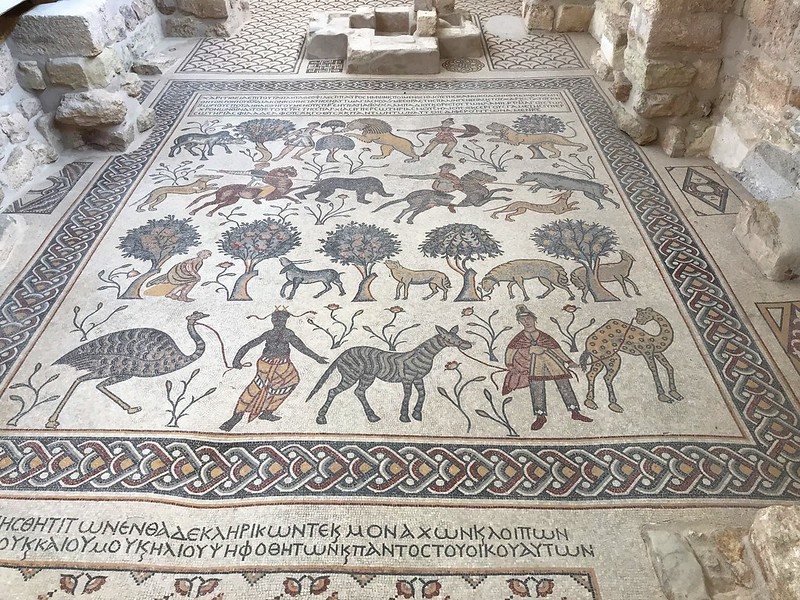 Mosaic art in memorial church of Moses in Mount Nebo, Jordan