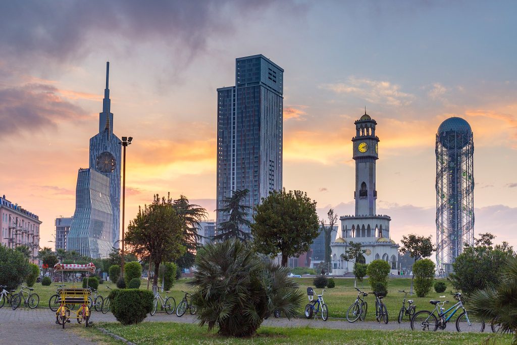 Sunset behind the towers and buildings in Batumi, Georgia