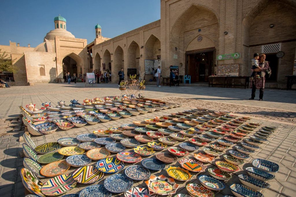 Ceramic being displayed for sale in a local market, Uzbekistan