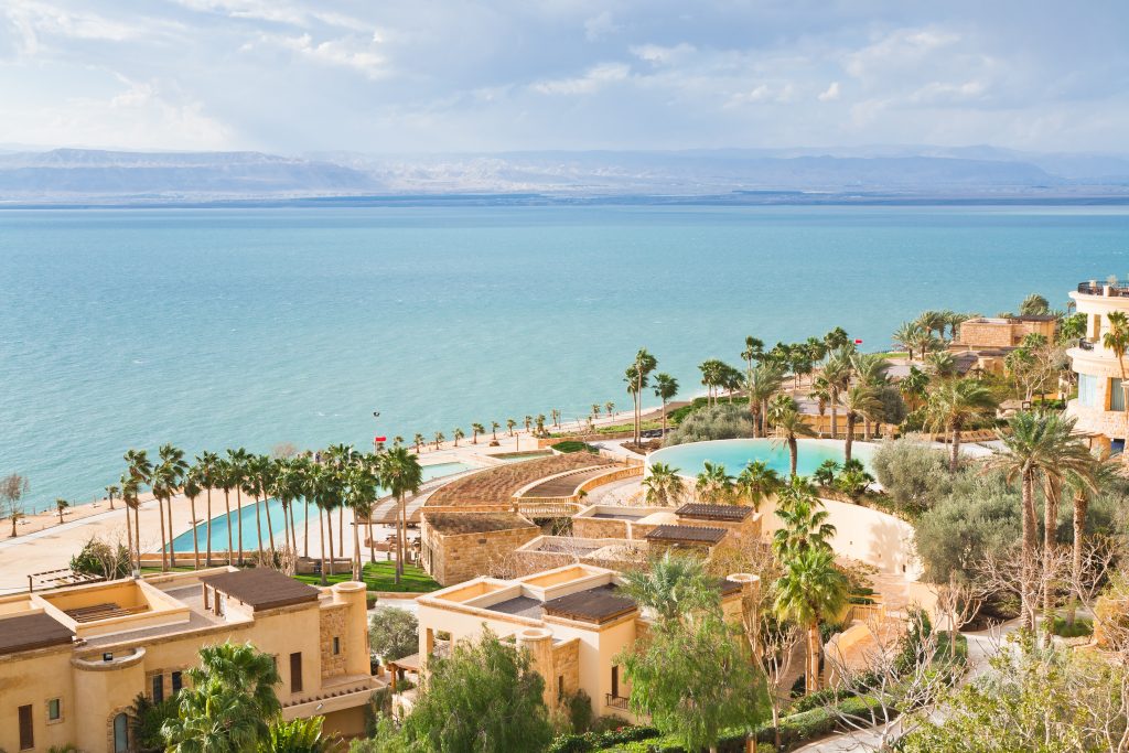 Panorama of resort on Dead Sea coast, Jordan