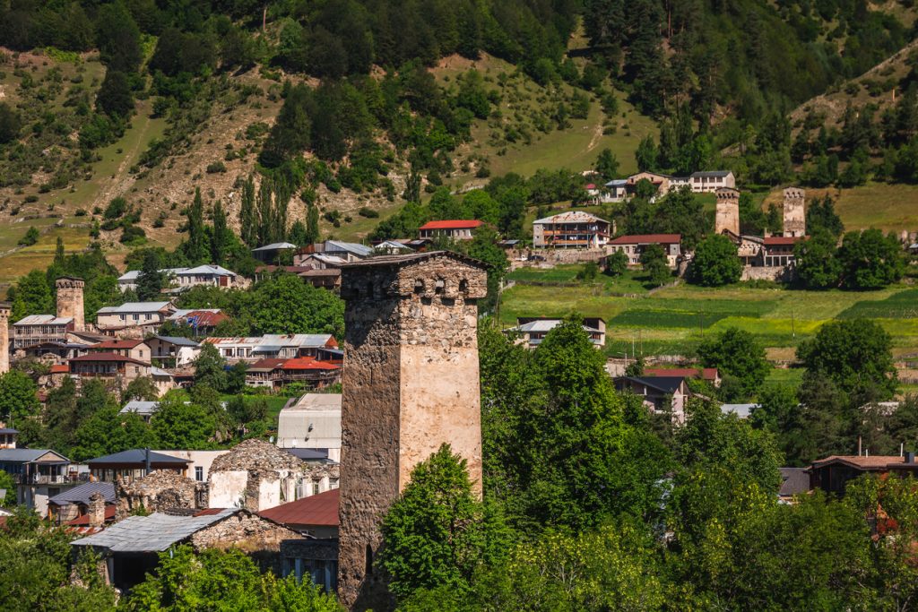 Medieval stone tower in Mestia villagge, Georgia