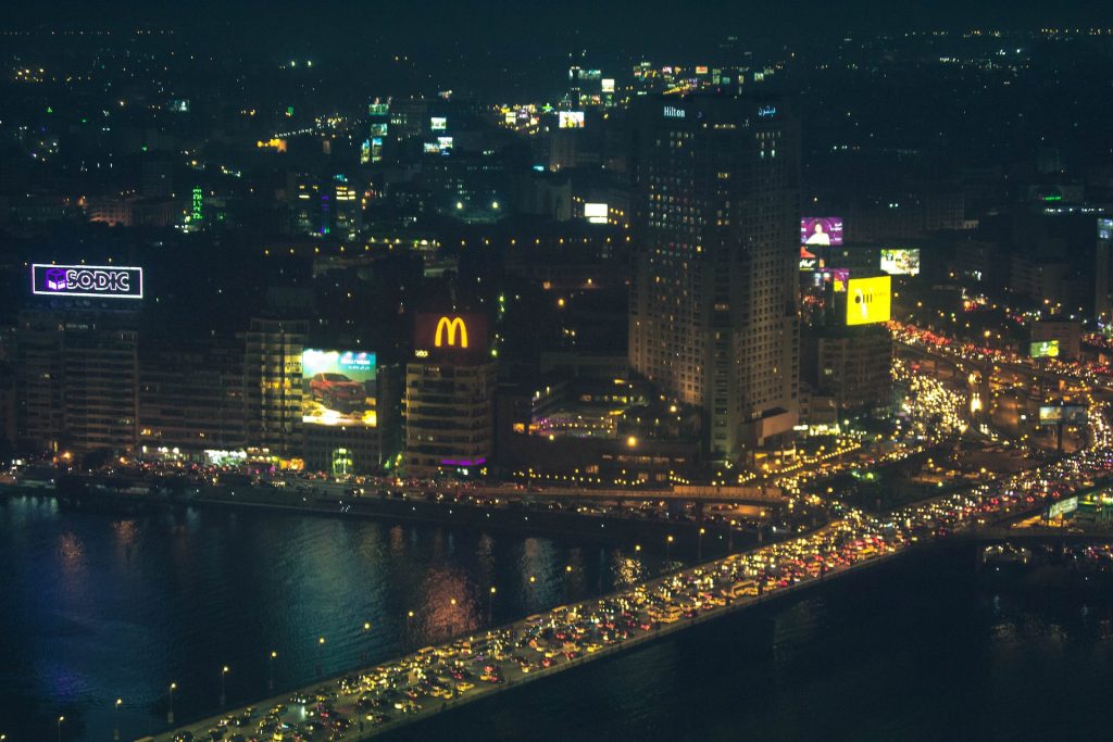 View of Cairo tower at night in Cairo, Egypt